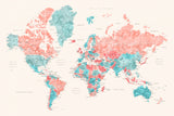 Watercolor world map with cities, Charlotte Poster och Canvastavla