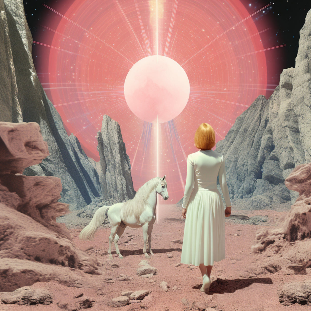 White Horse Time Travel Collage Art Poster och Canvastavla