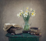 Still life with daffodils, old books and snails Poster och Canvastavla
