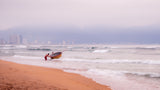Basket boat at morning beach Poster och Canvastavla