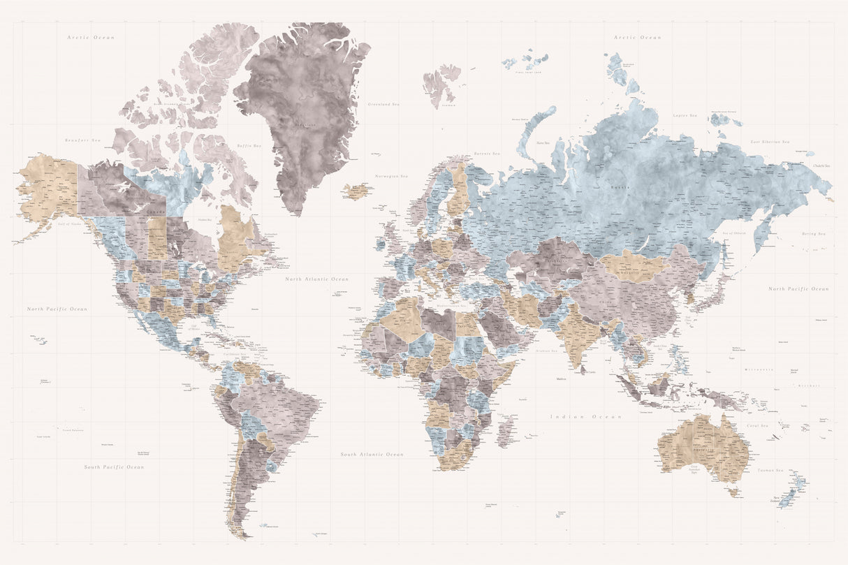 Mahler highly detailed world map with cities Poster och Canvastavla