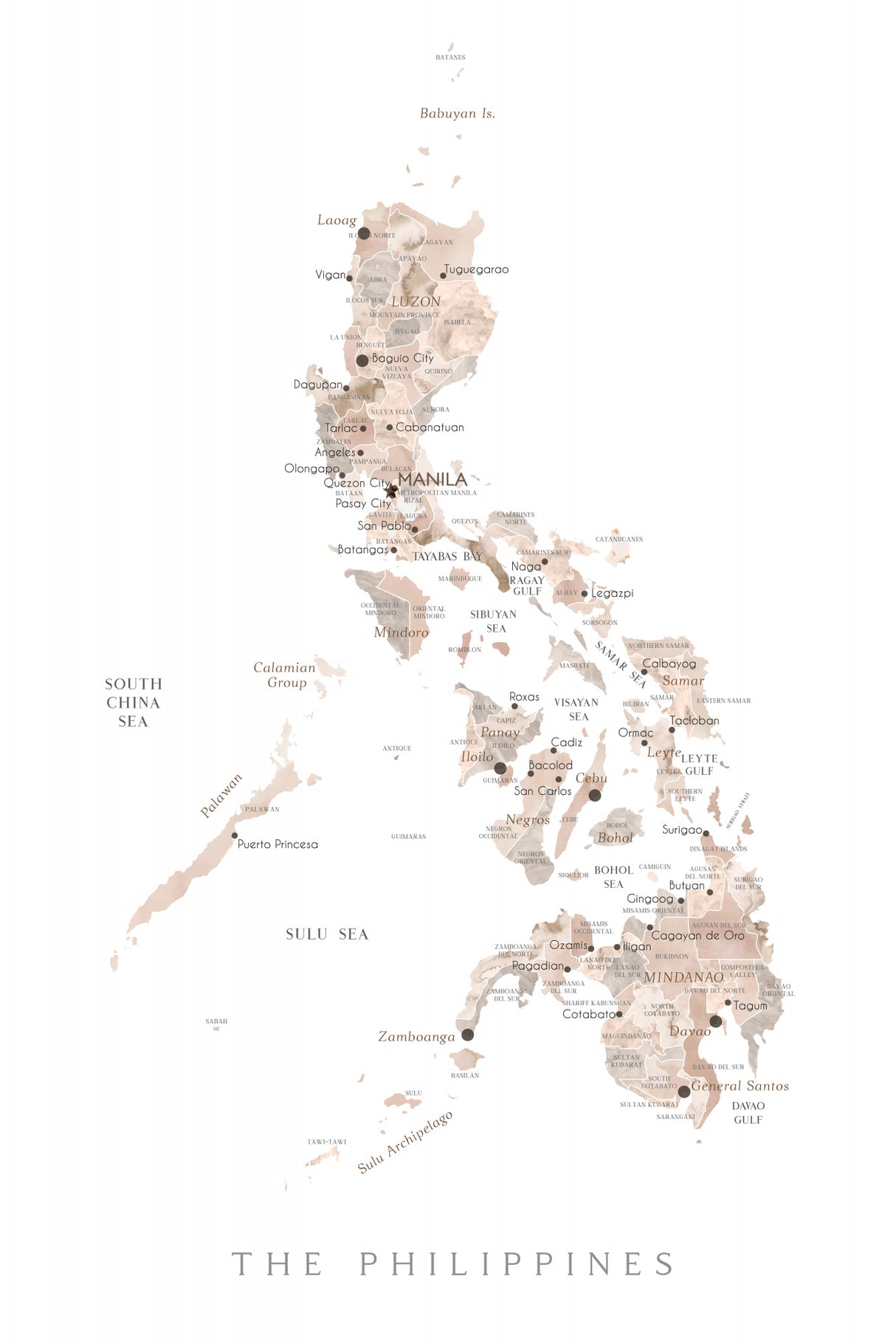 Taupe watercolor map of Philippines Poster och Canvastavla