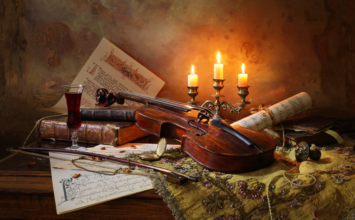 Still life with violin and candles Poster och Canvastavla