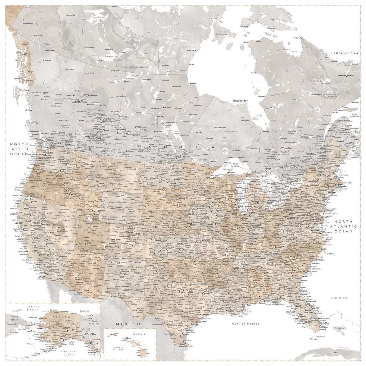 Highly detailed map of the United States and Canada Poster och Canvastavla