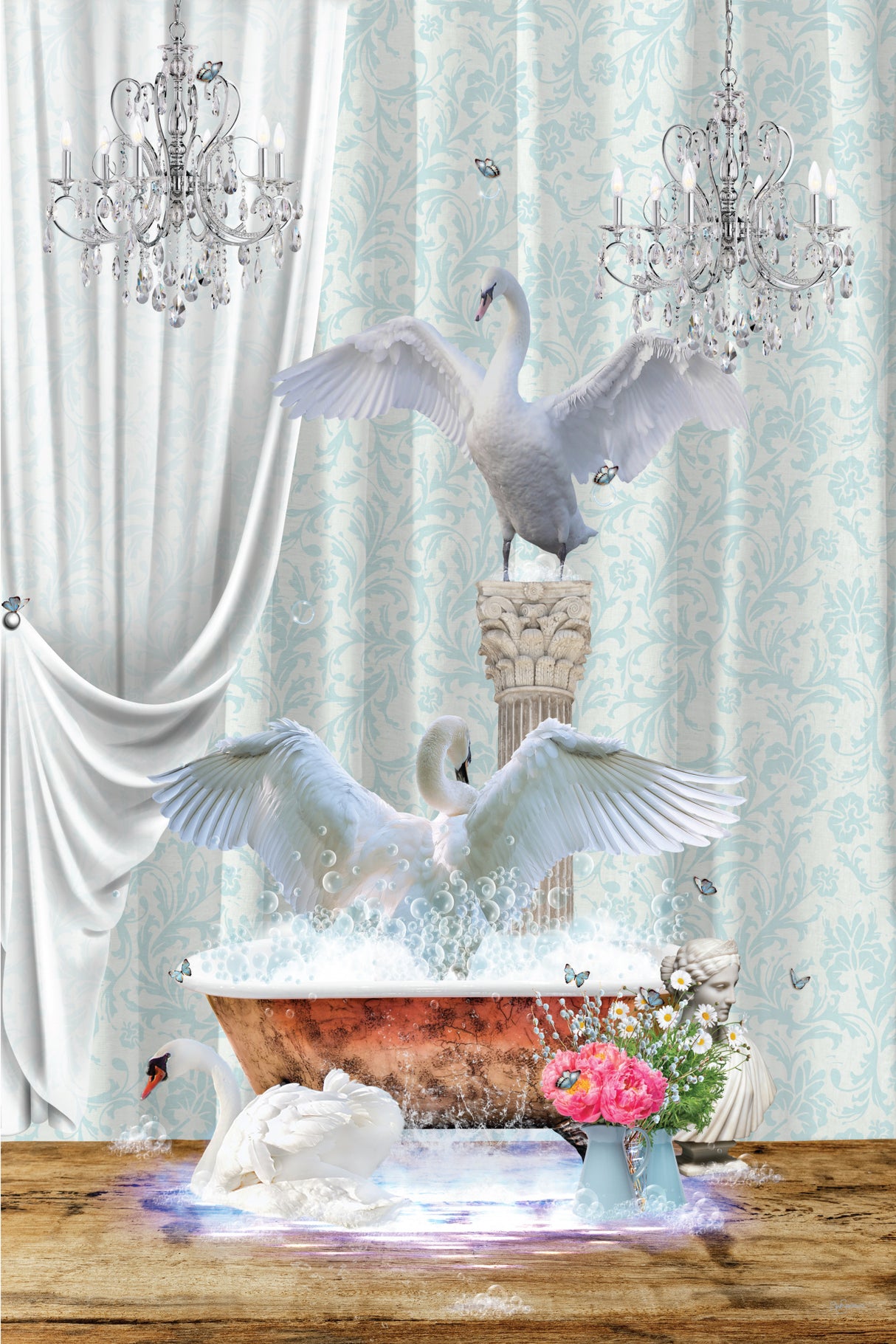Three Swans &amp; Bubbles Poster och Canvastavla