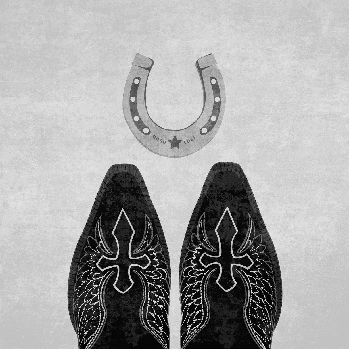 Bw Cowboy Boots and Horseshoe Poster och Canvastavla