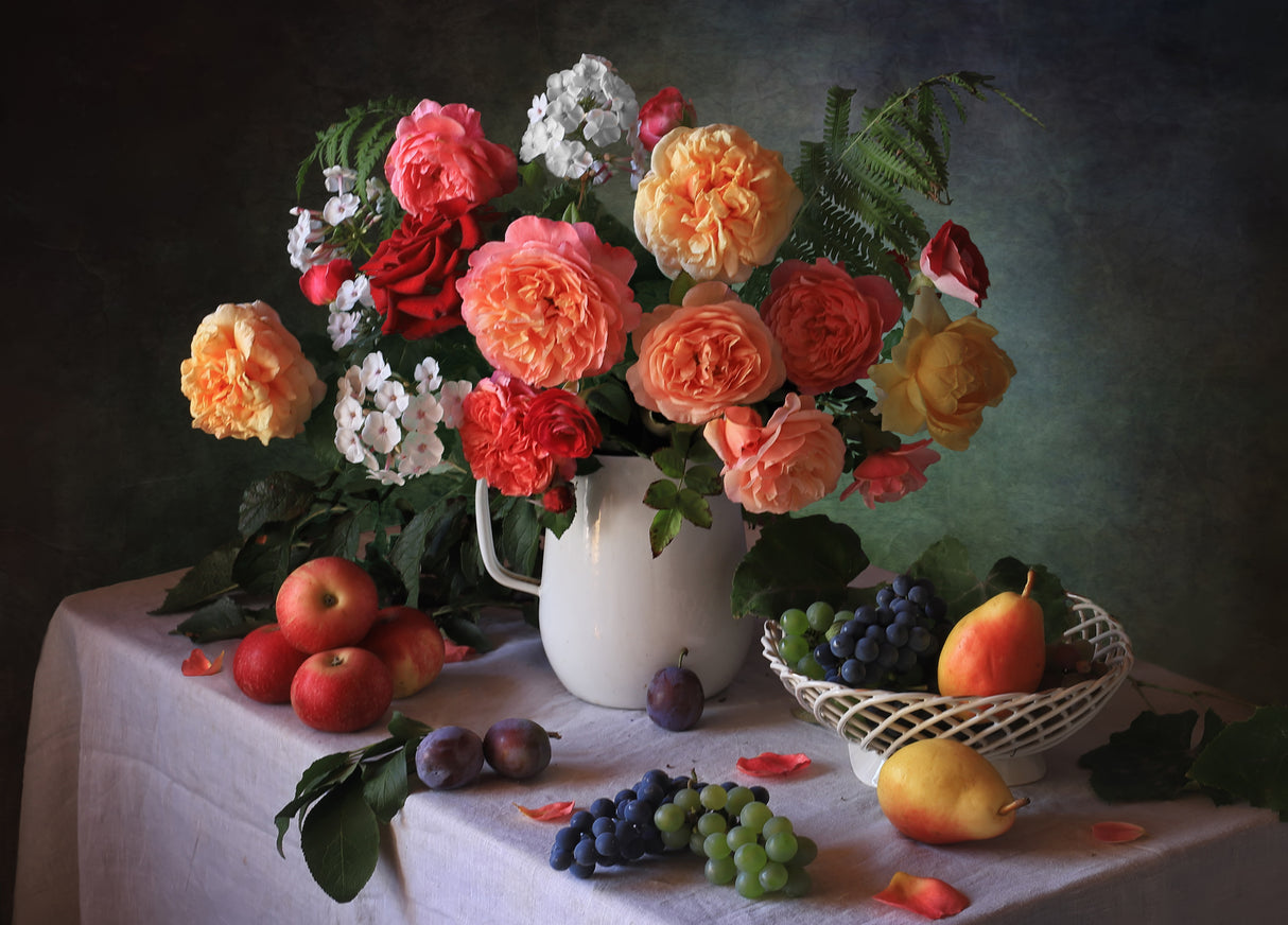 Still life with a bouquet and autumn fruits Poster och Canvastavla