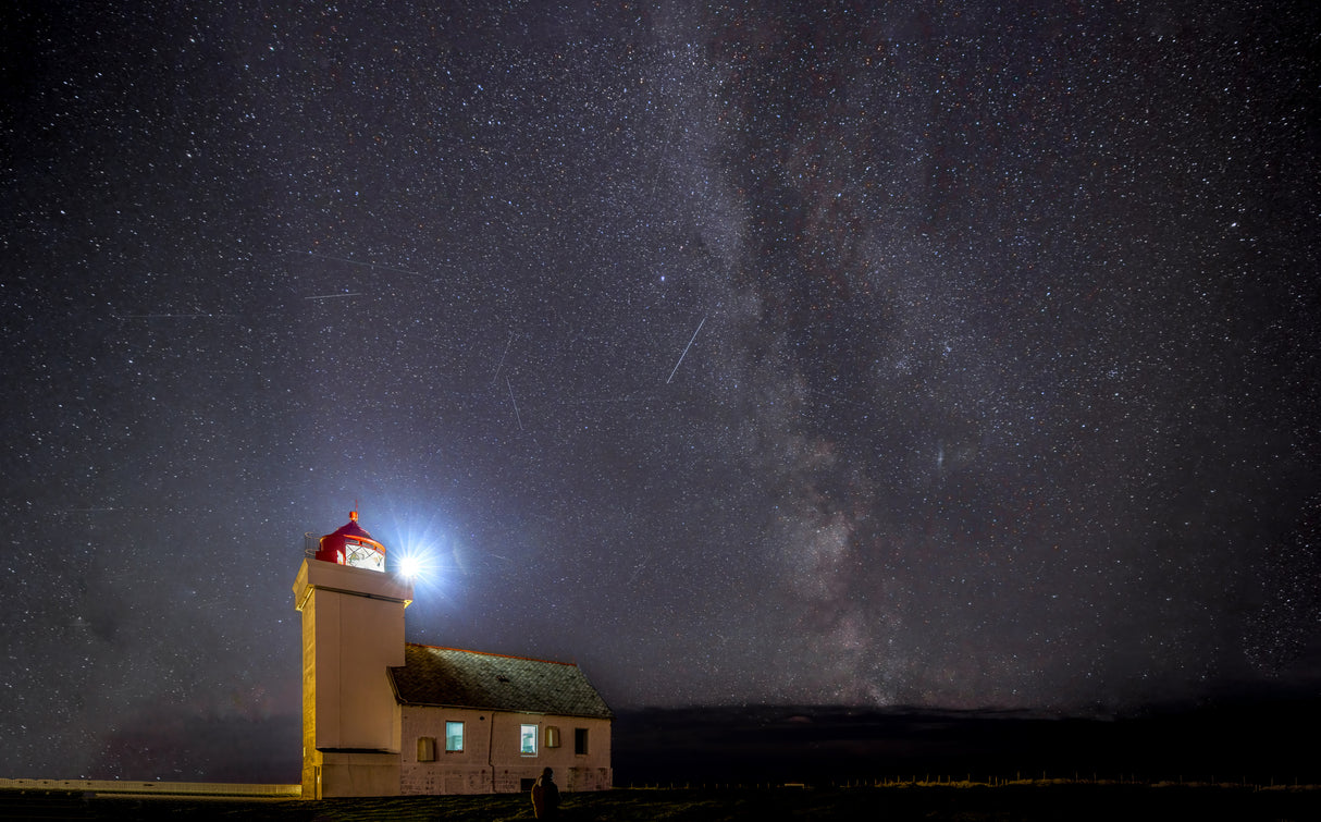 Milky way and meteor shower over Obrestad fyr Poster och Canvastavla