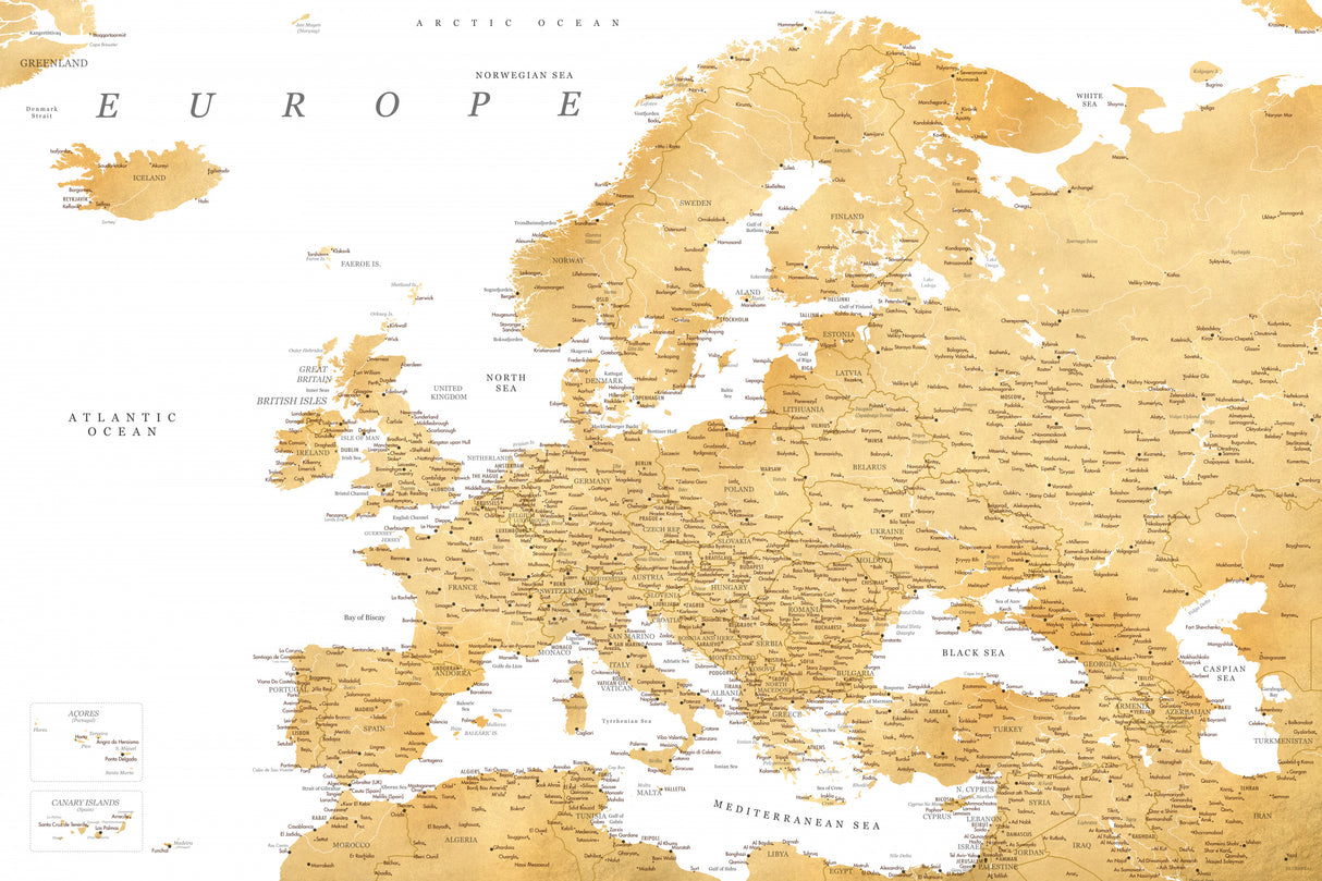 Golden detailed map of Europe Poster och Canvastavla