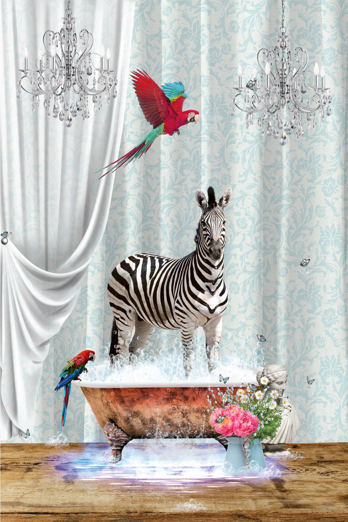 Zebra Parrots &amp; Bubbles Poster och Canvastavla