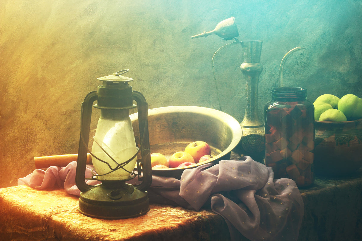 Still Life with Lamp and fruits Poster och Canvastavla