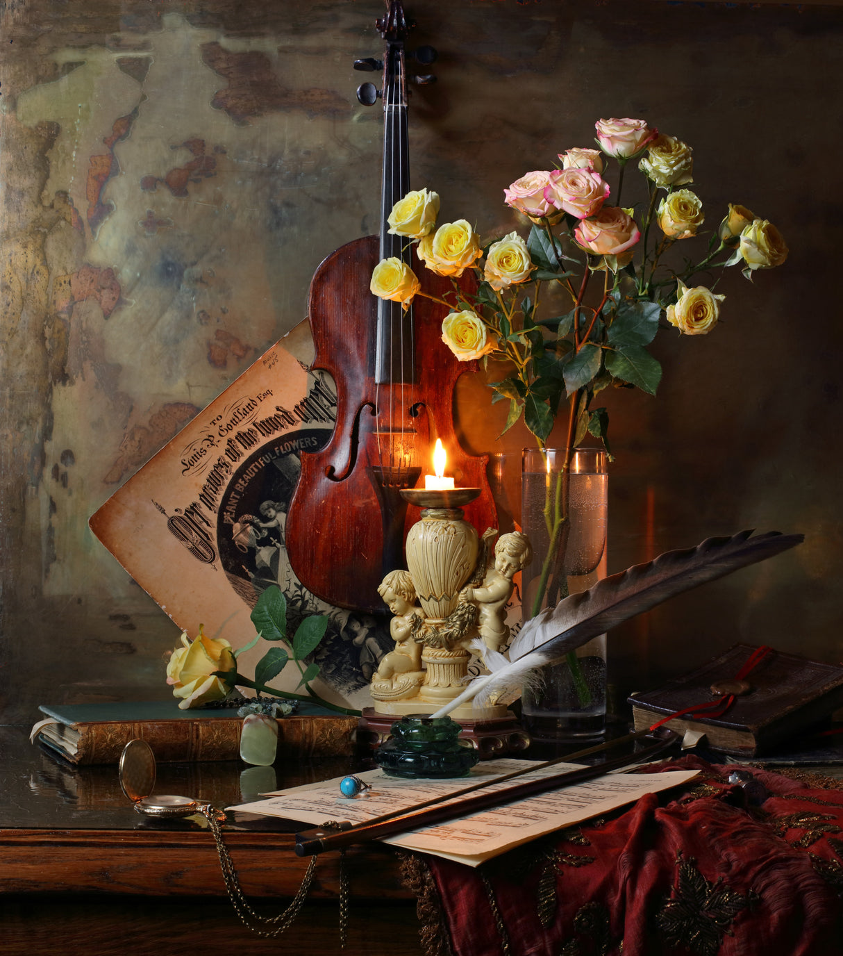 Still life with violin and flowers Poster och Canvastavla