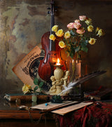 Still life with violin and flowers Poster och Canvastavla