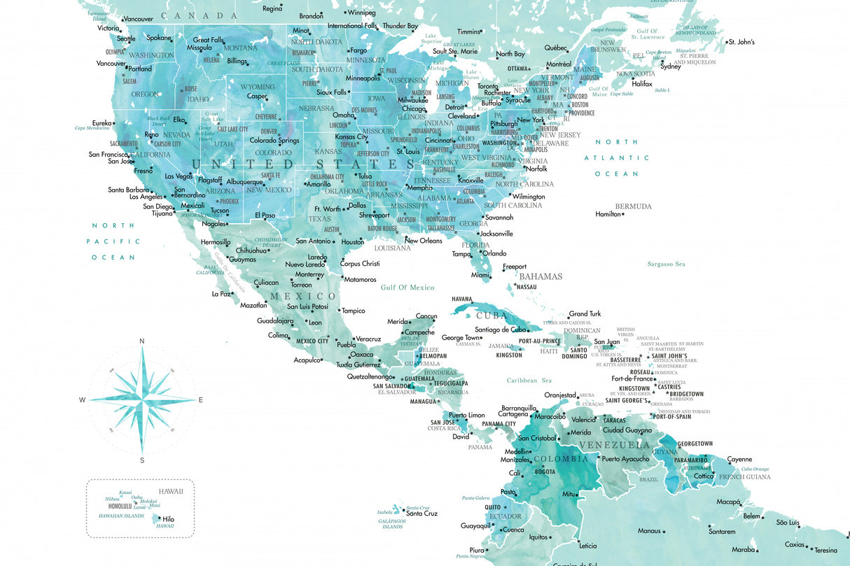 Aquamarine map of USA and Mexico Poster och Canvastavla