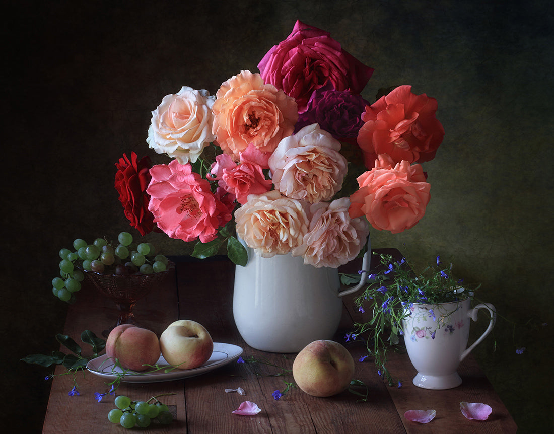 Still life with a bouquet of roses and fruits Poster och Canvastavla