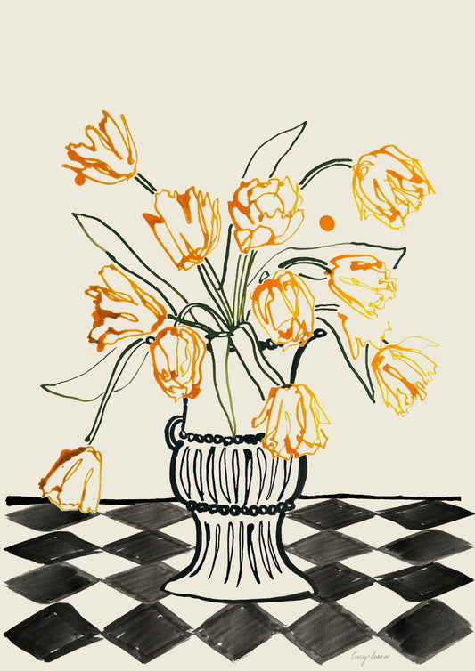 Orange Tulips In a Vase with Checkered Diamonds Poster och Canvastavla