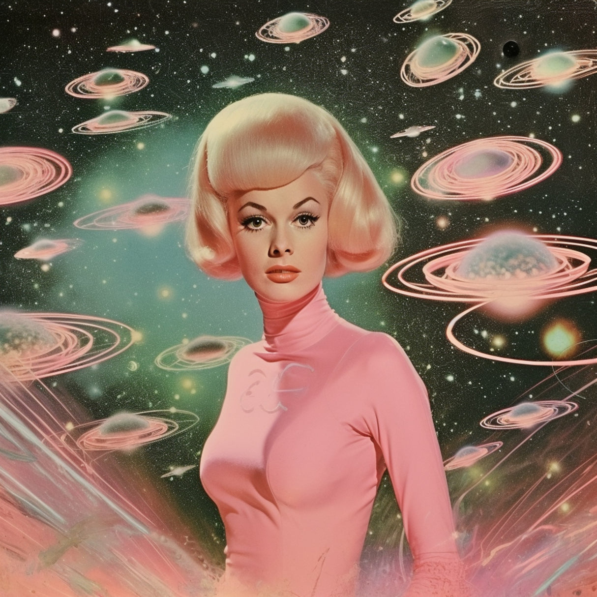 Atomic Age Space Babe Collage Art Poster och Canvastavla