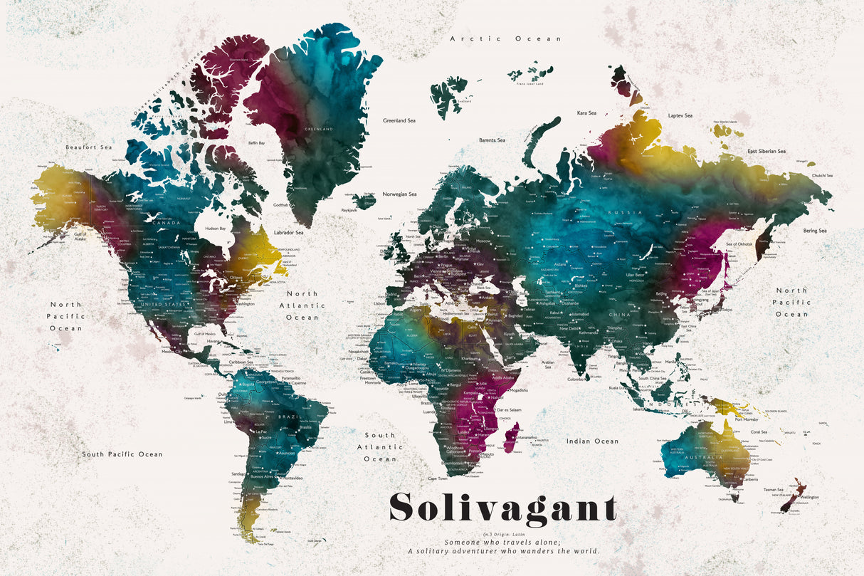 Charleena world map with cities, Solivagant Poster och Canvastavla