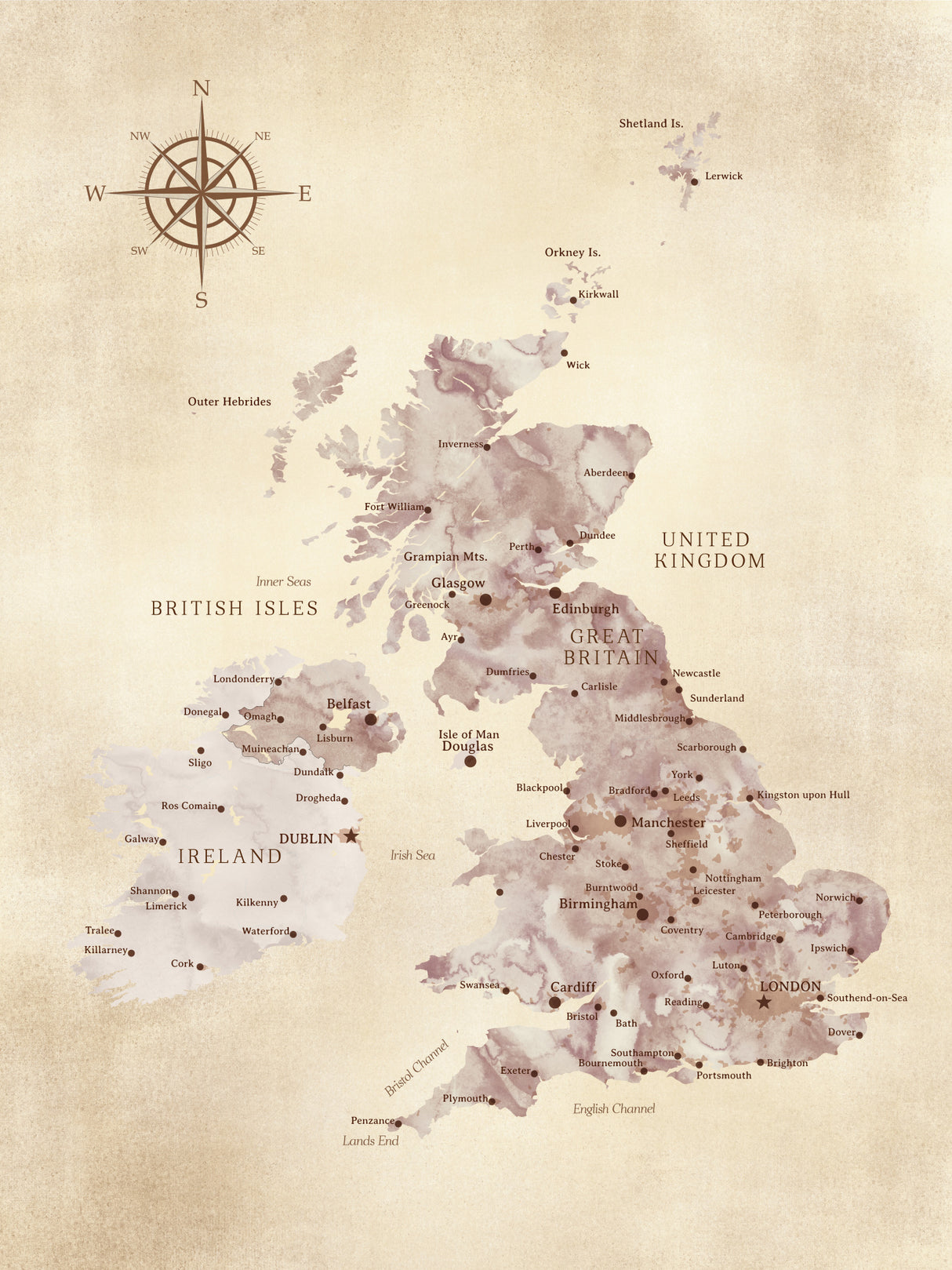 Sepia map of the United Kingdom Poster och Canvastavla