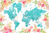 Detailed floral world map with cities, Haven Poster och Canvastavla