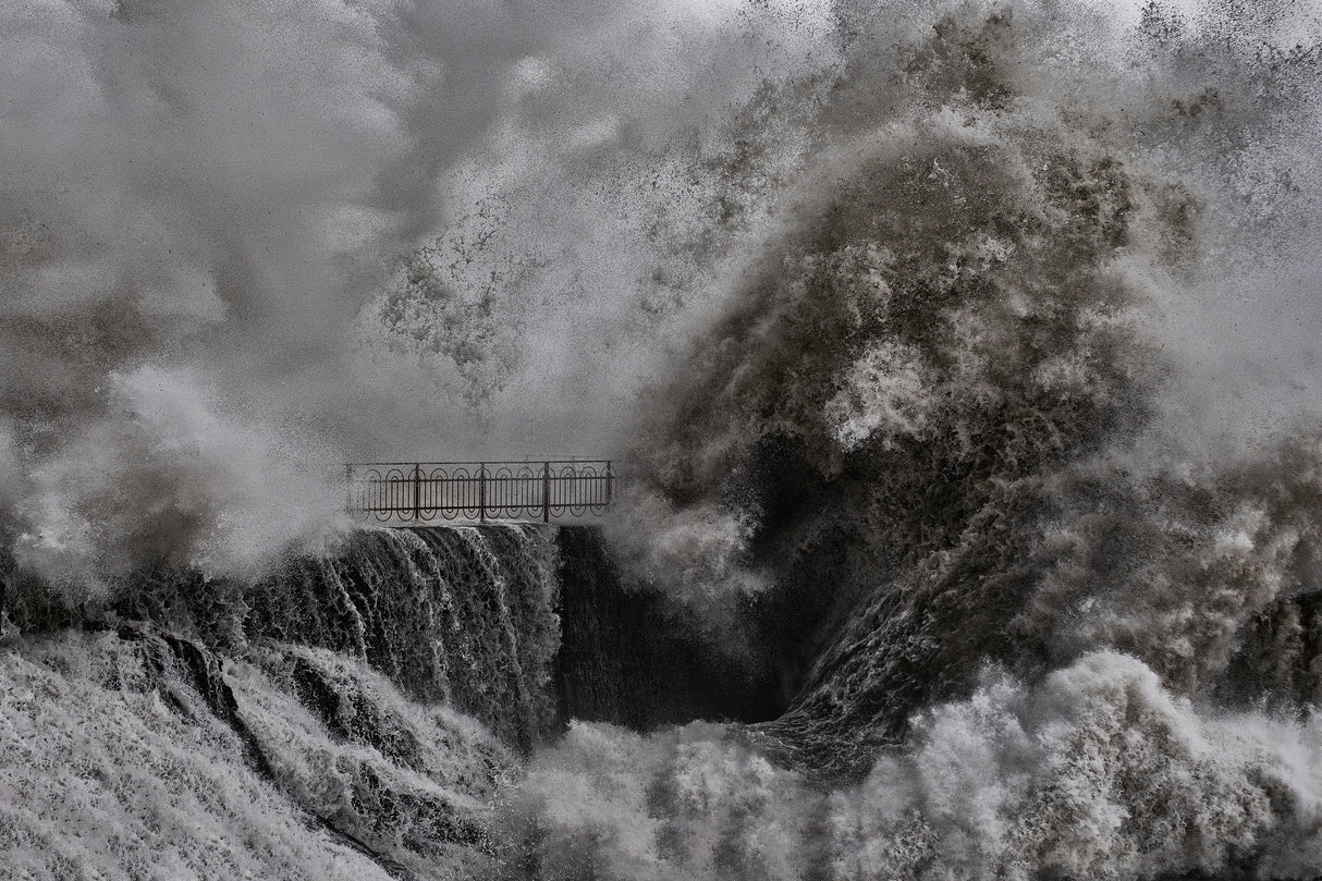 A huge sea wave crashes on the military dock Poster och Canvastavla