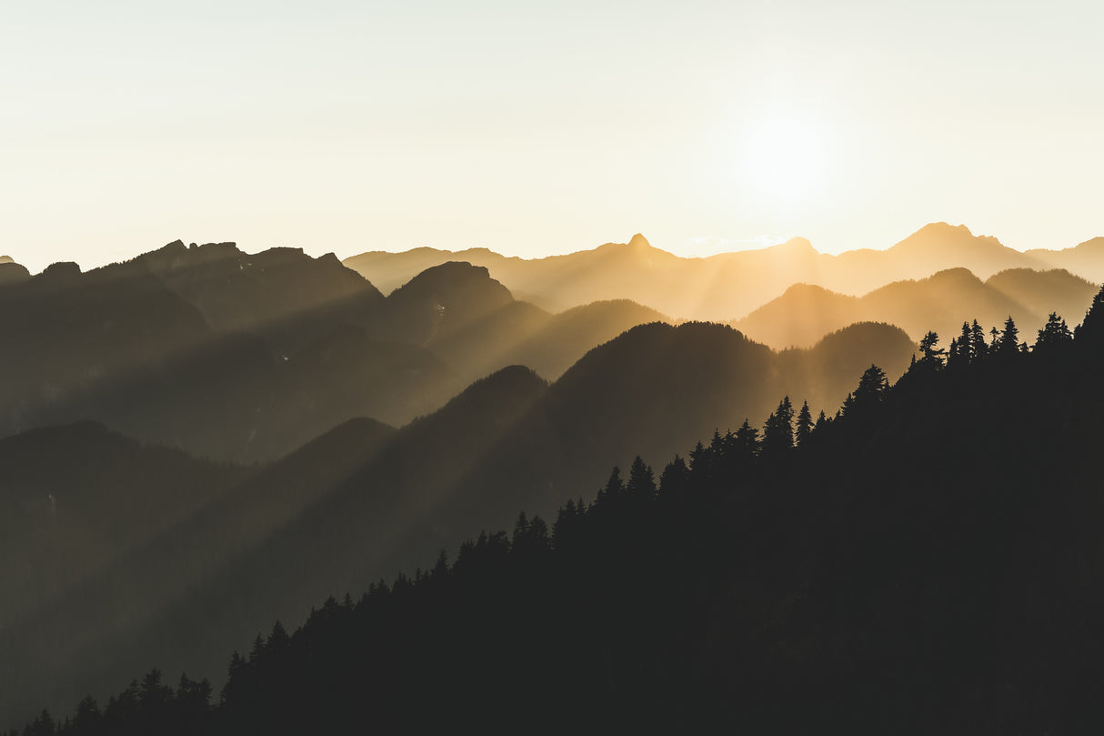 Sunset sun rays over the mountains Poster och Canvastavla