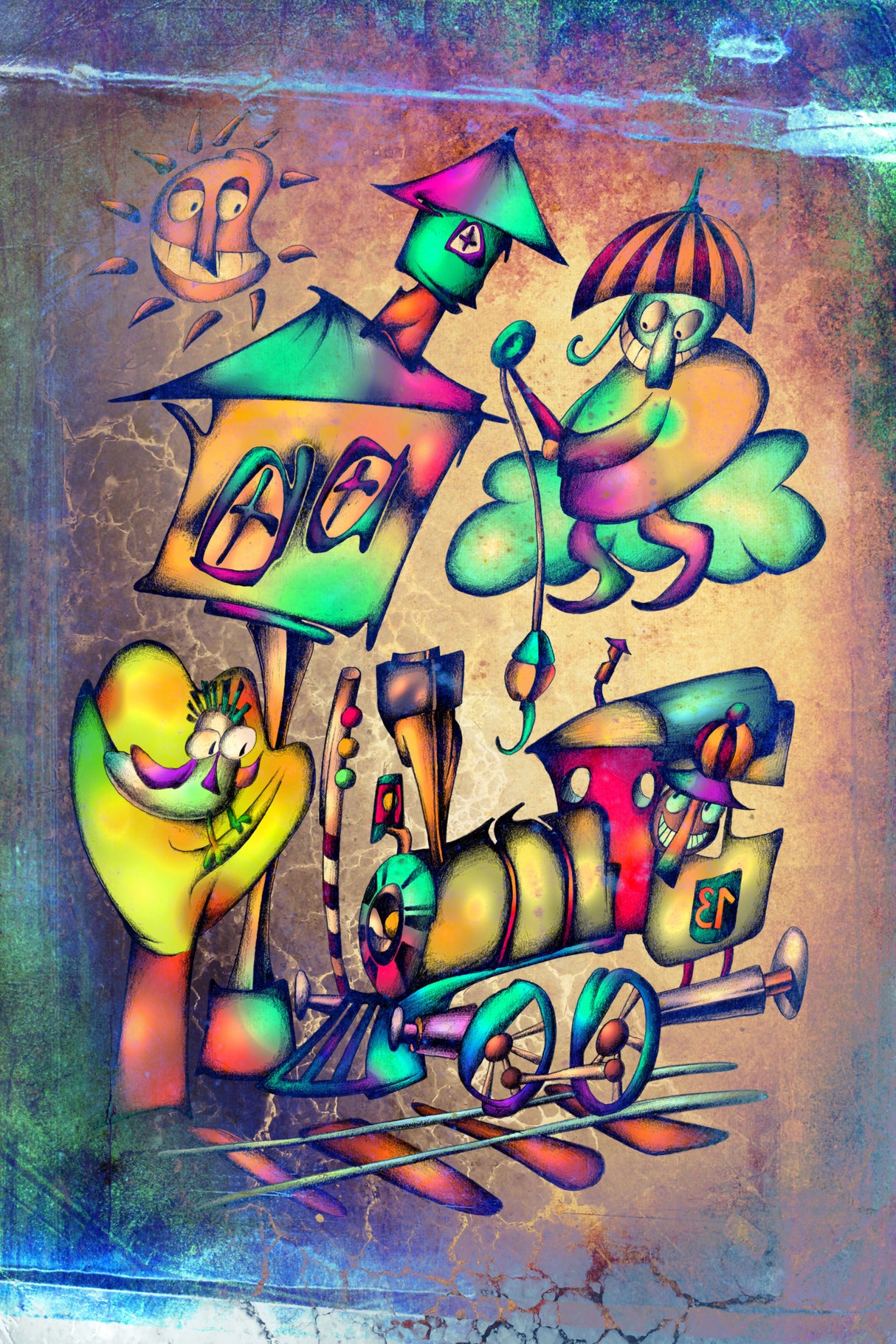 The umbrella man catches the locomotive Poster och Canvastavla
