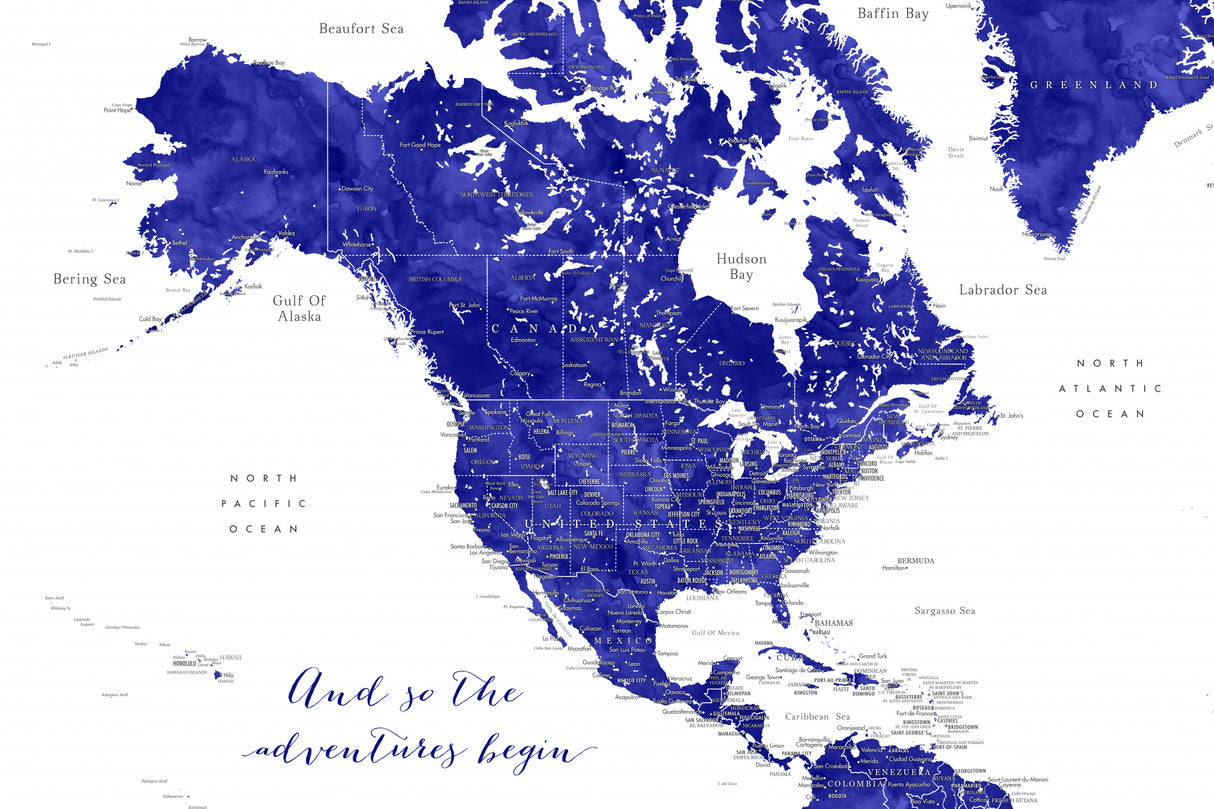 Adventure map of North America in cobalt blue Poster och Canvastavla