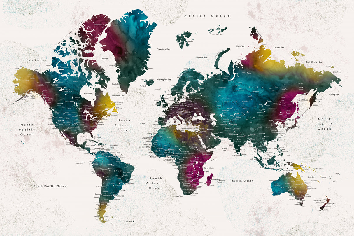 Watercolor world map with cities, Charleena Poster och Canvastavla