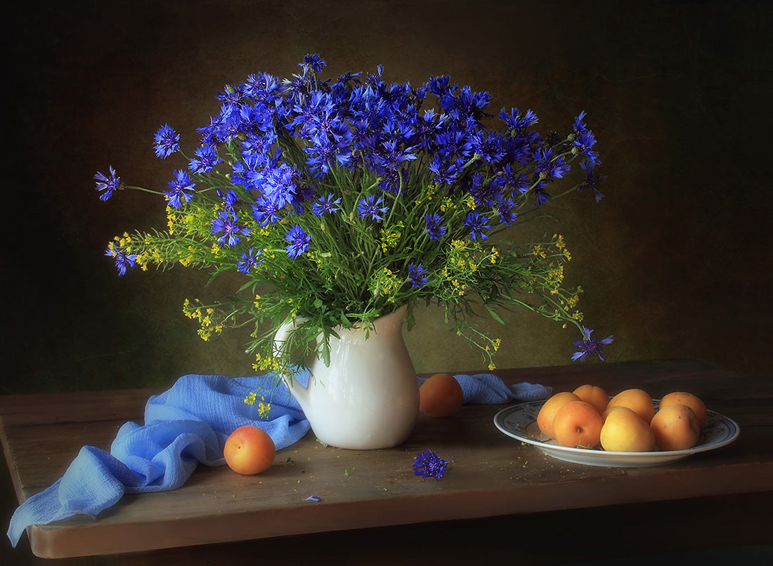 Still life with cornflowers and apricots Poster och Canvastavla