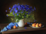 Still life with cornflowers and apricots Poster och Canvastavla
