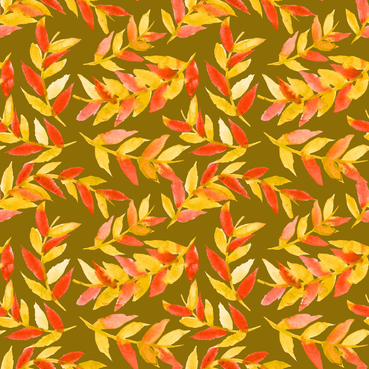 Leaves Curved Yellow Orange On Olive Poster och Canvastavla