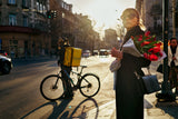 Lady with tulips at sunset Poster och Canvastavla