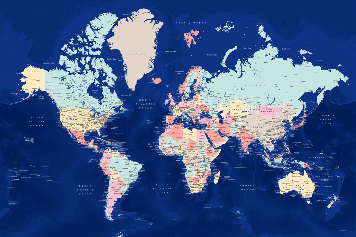 Detailed world map with cities, Powa Poster och Canvastavla