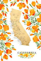 California map with watercolor poppies Poster och Canvastavla