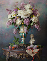 Still life with flowers and bust of the girl Poster och Canvastavla