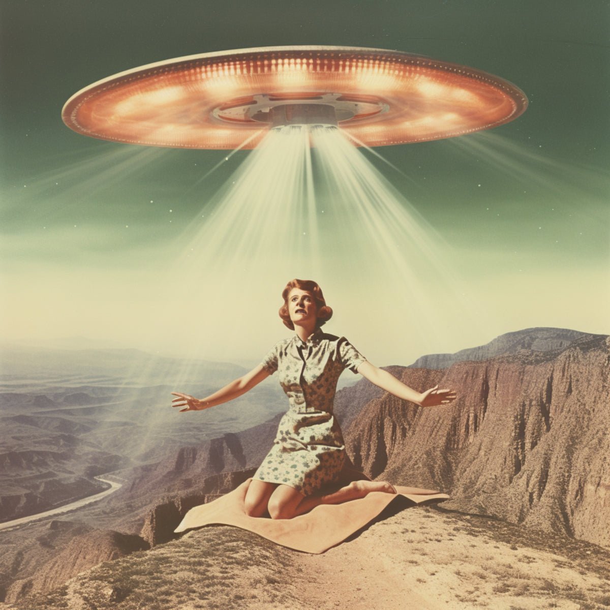 Vintage Alien Abduction UFO Collage Art Poster och Canvastavla