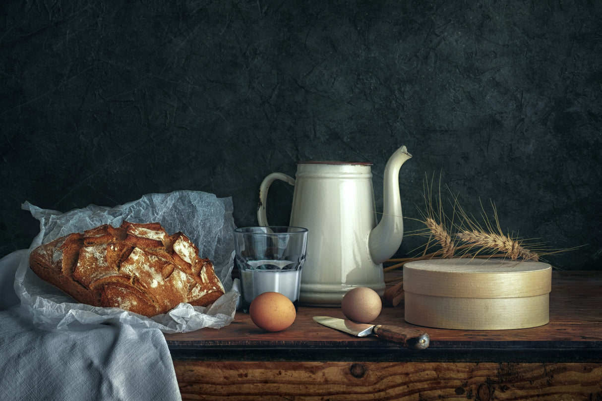 Still Life with Eggs, Milk and Bread Poster och Canvastavla