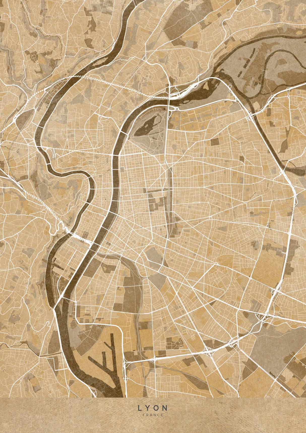 Sepia vintage map of Lyon France Poster och Canvastavla