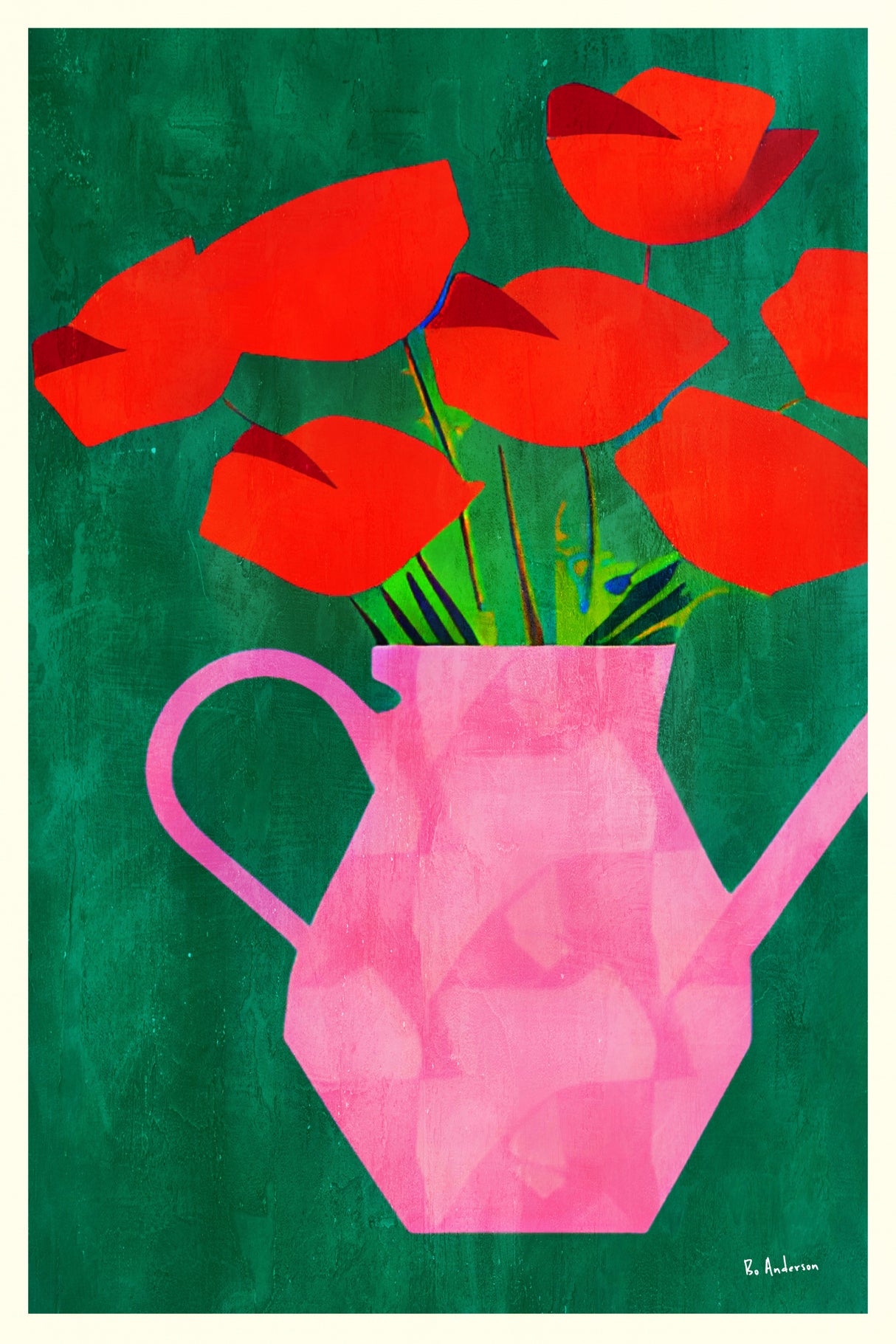 Red Poppies In a Pink Vase Poster och Canvastavla