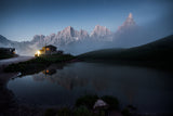 Wooden house between mountain and lake Poster och Canvastavla