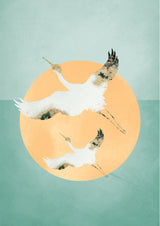 Mint Green Sun &amp; Cranes Poster och Canvastavla