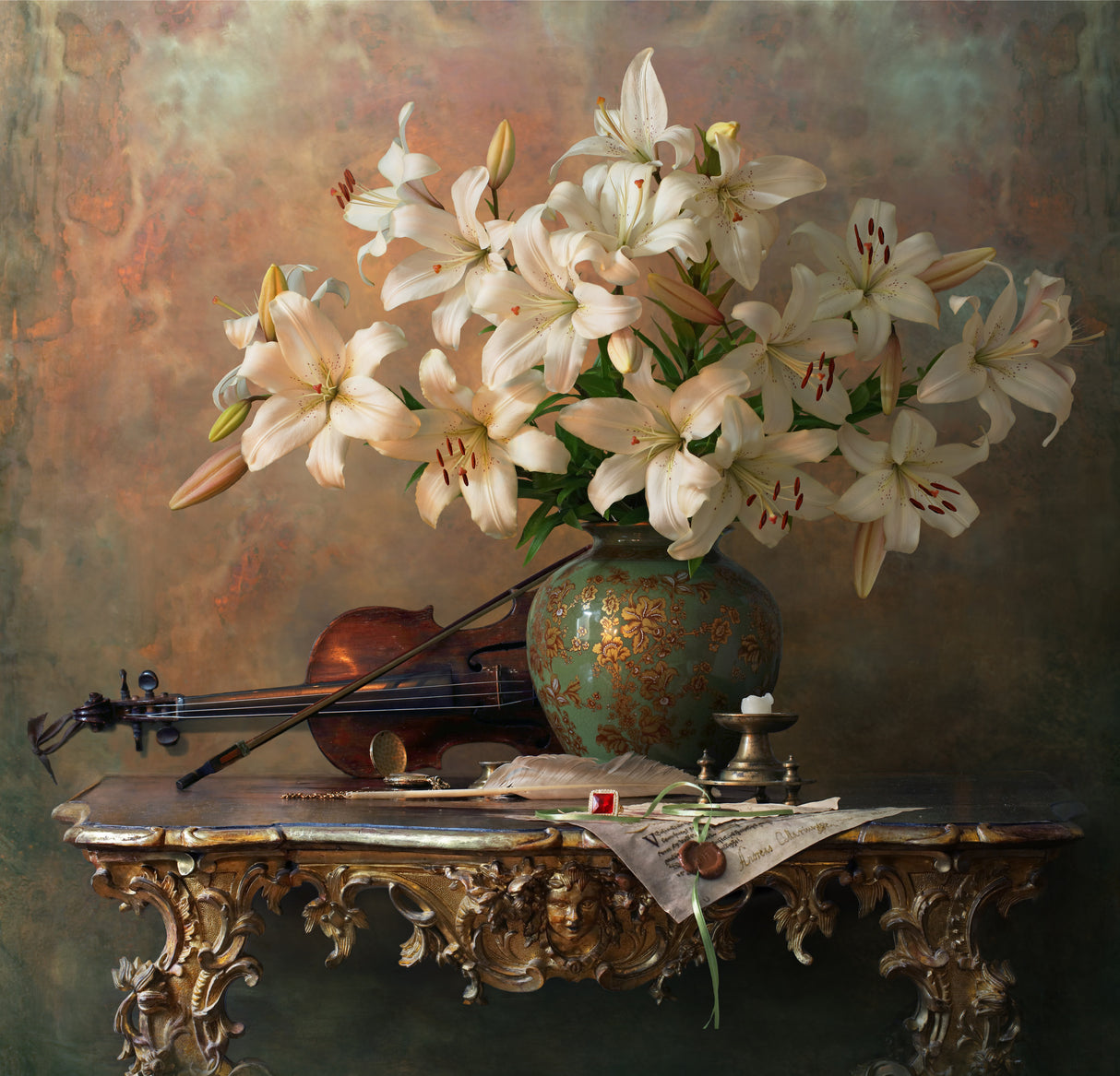 Still life with violin and lilies Poster och Canvastavla