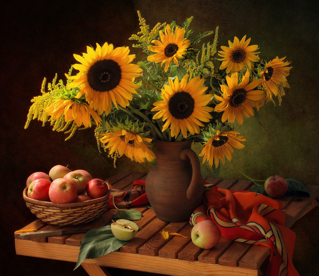 Still life with sunflowers and apples Poster och Canvastavla