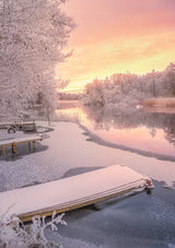 Frozen jetty and pink sunset Poster och Canvastavla