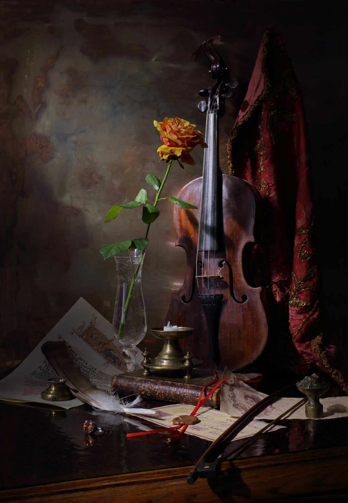 Still life with violin and rose Poster och Canvastavla