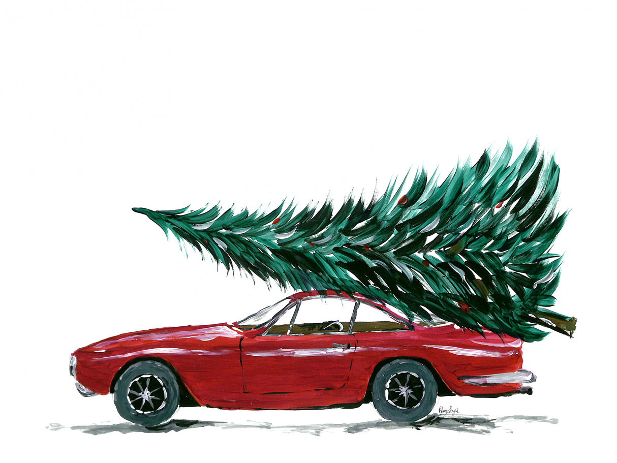 Eighties car carrying a Christmas tree Poster och Canvastavla