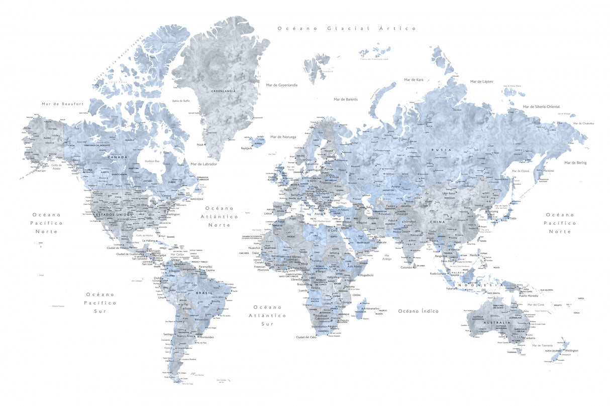 Blue world map in Spanish Poster och Canvastavla