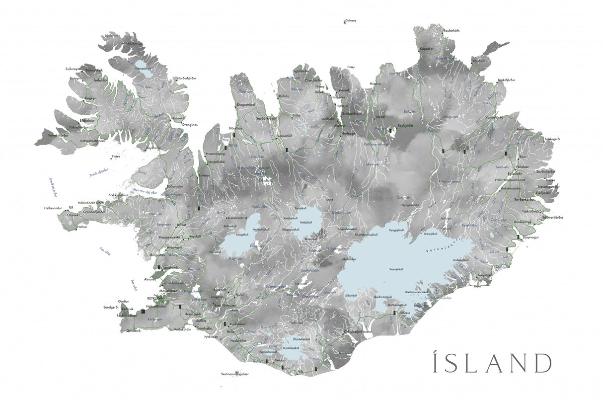 Island - Iceland map in gray watercolor with native labels Poster och Canvastavla