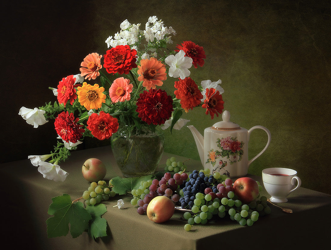 Still life with a bouquet of zinnias and fruit Poster och Canvastavla